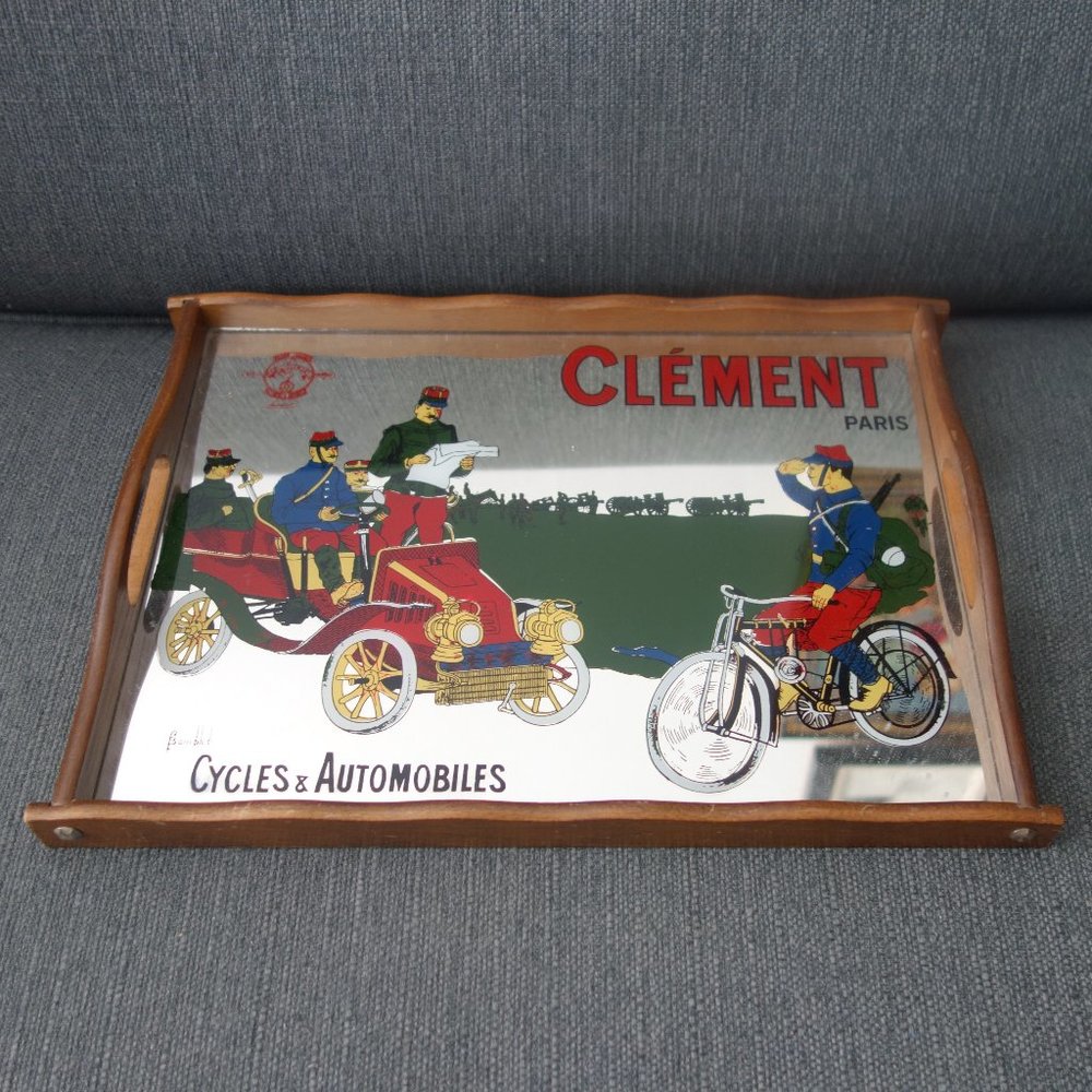 Vintage Clement Paris Cycles & Automobiles Mirror Glass Tray
